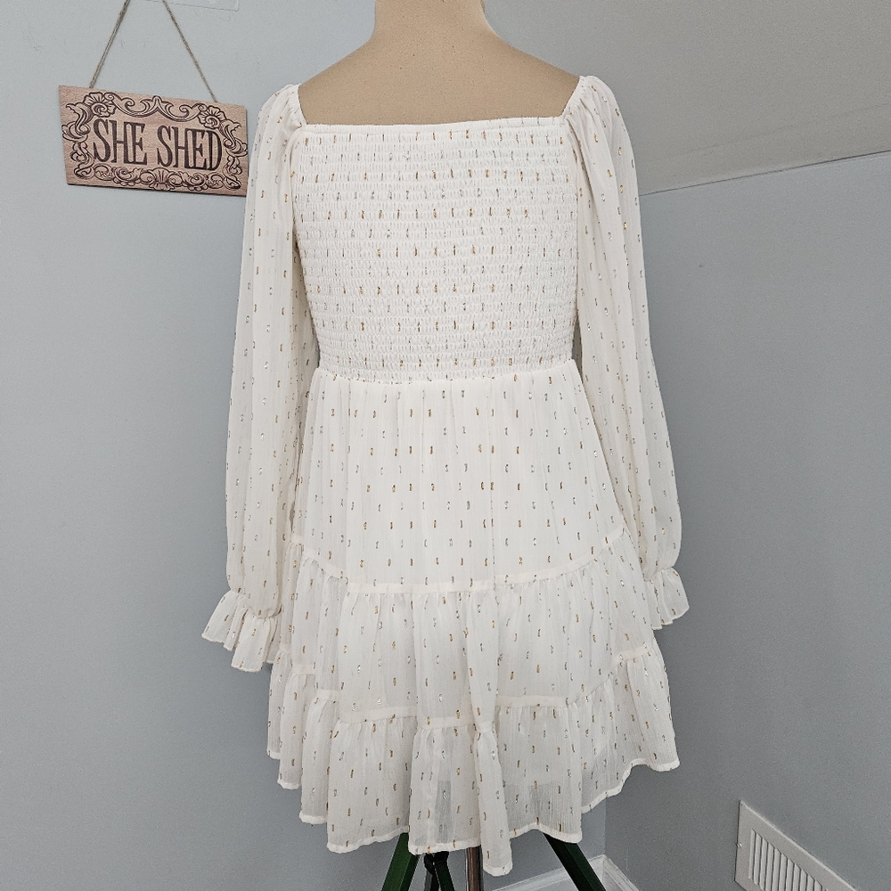 Altar’d State White Smocked Dress Gold Dot Tiered Size M Cottage Fairy Boho - Picture 4 of 14